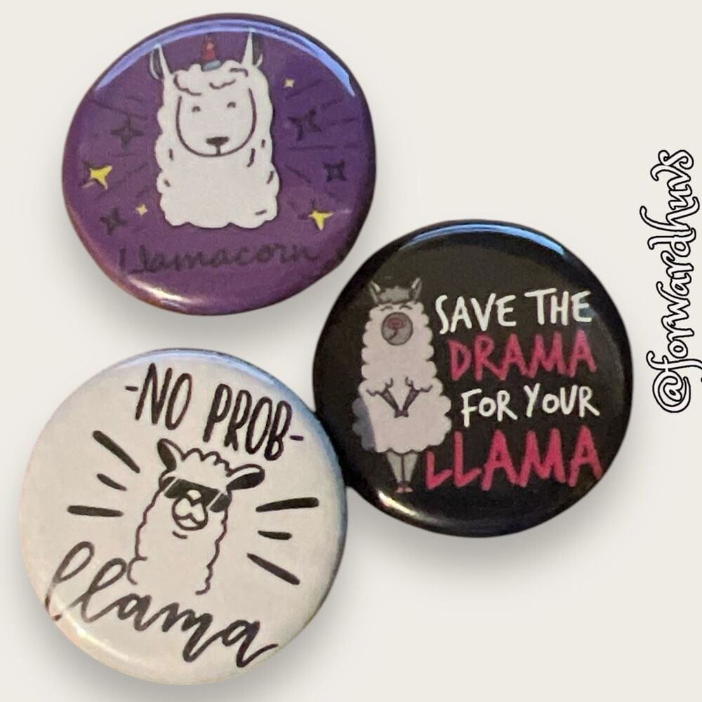 Llama Alpaca Pinback Button Lot 3 Funny Novelty Pins